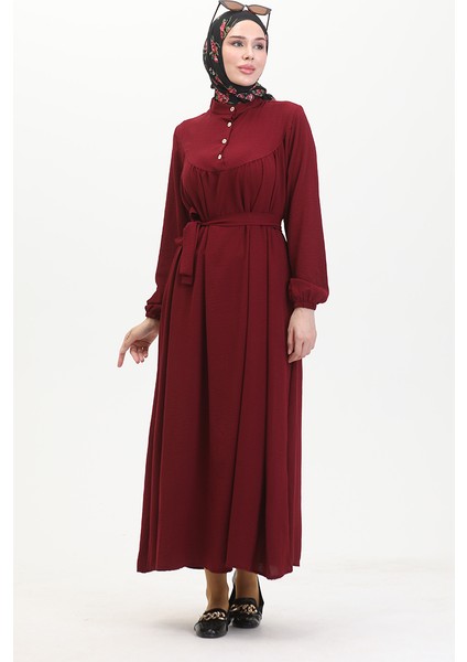 Düğmeli Kuşaklı Elbise 0462-03 Bordo