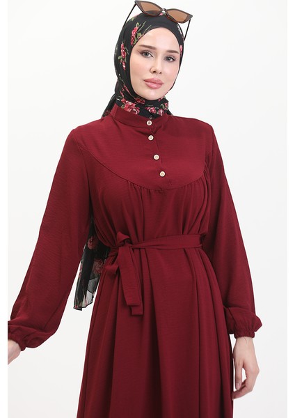 Düğmeli Kuşaklı Elbise 0462-03 Bordo
