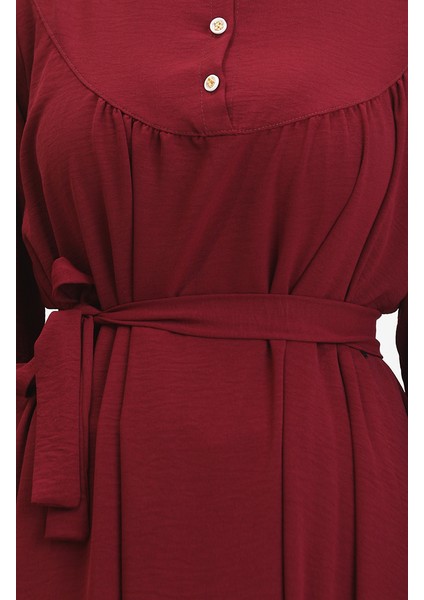Düğmeli Kuşaklı Elbise 0462-03 Bordo