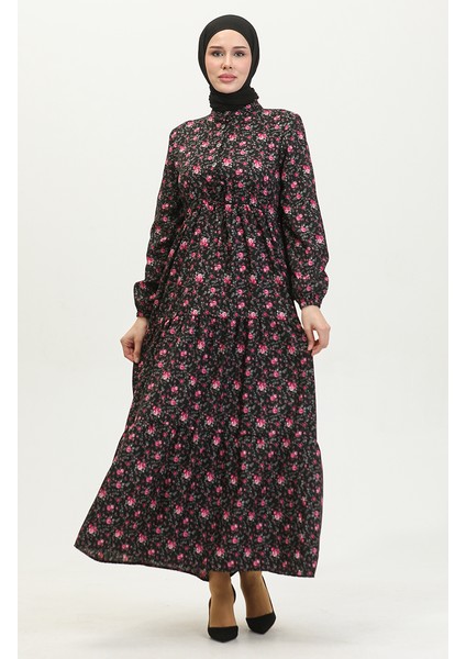 Gül Desenli Elbise 0401-01 Siyah