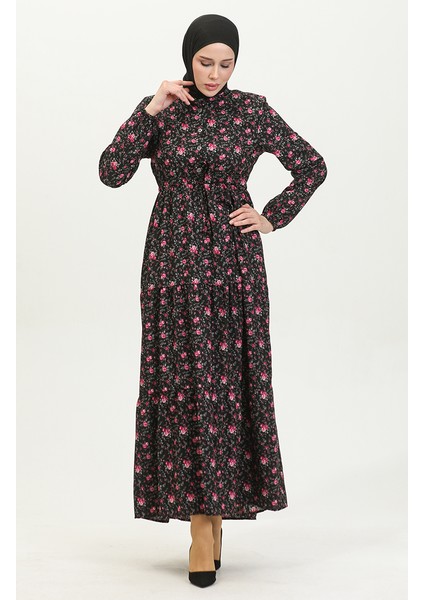 Gül Desenli Elbise 0401-01 Siyah fiyatları