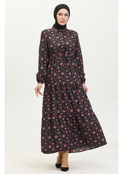 Gül Desenli Elbise 0401-01 Siyah modelleri