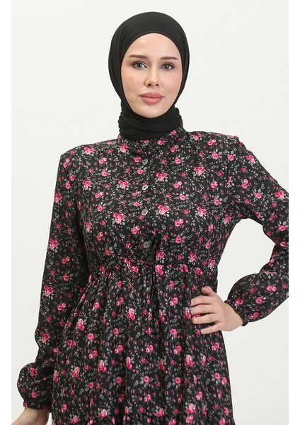 Gül Desenli Elbise 0401-01 Siyah fırsatları