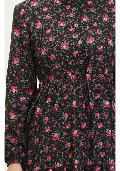 Gül Desenli Elbise 0401-01 Siyah indirimleri