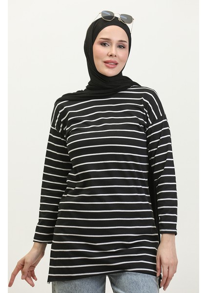 Çizgili Penye Tunik 8705A-01 Siyah