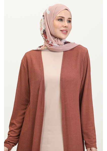 Sade Dökümlü Uzun Hırka 8727-03 Koyu Kiremit modelleri