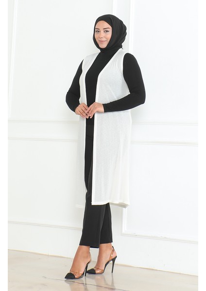 Büyük Beden Dökümlü Uzun Mevsimlik Anne Yelek 8739-03 Kırık Beyaz fiyatları