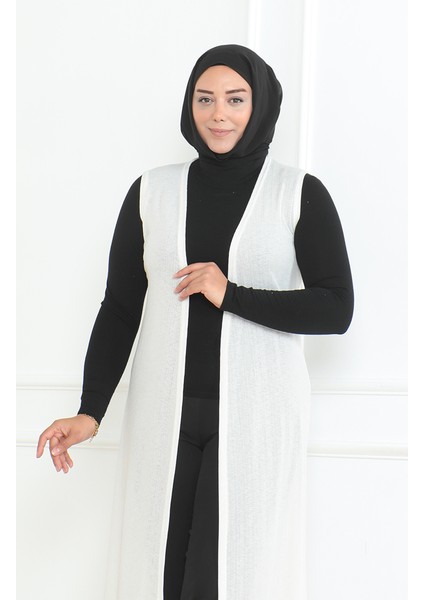 Büyük Beden Dökümlü Uzun Mevsimlik Anne Yelek 8739-03 Kırık Beyaz modelleri