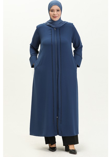 Büyük Beden Önü Taşlı Ferace 5051-06 Indigo