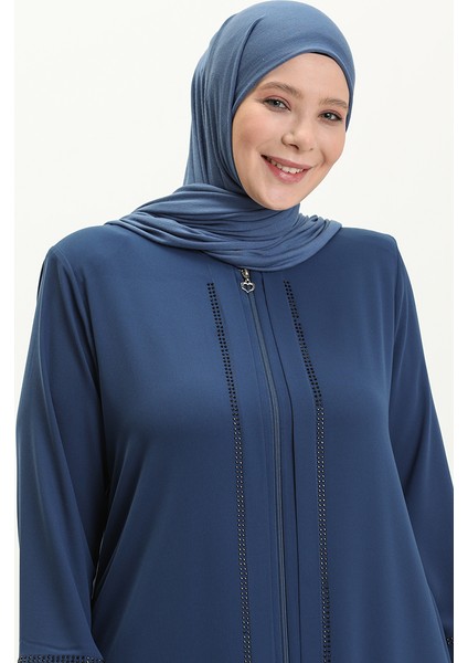 Büyük Beden Önü Taşlı Ferace 5051-06 Indigo modelleri