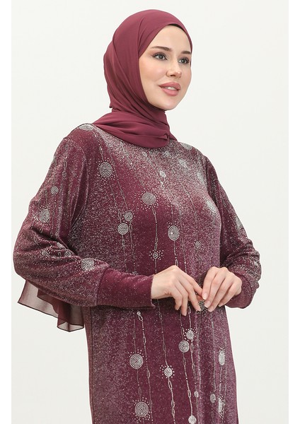 Taşlı Simli Elbise 0408-02 Mürdüm
