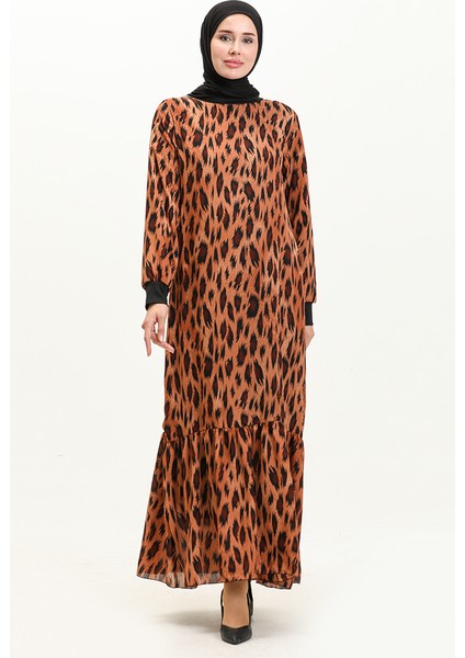 Ribanalı Leopar Desenli Vual Elbise 0101-01 Kiremit Siyah