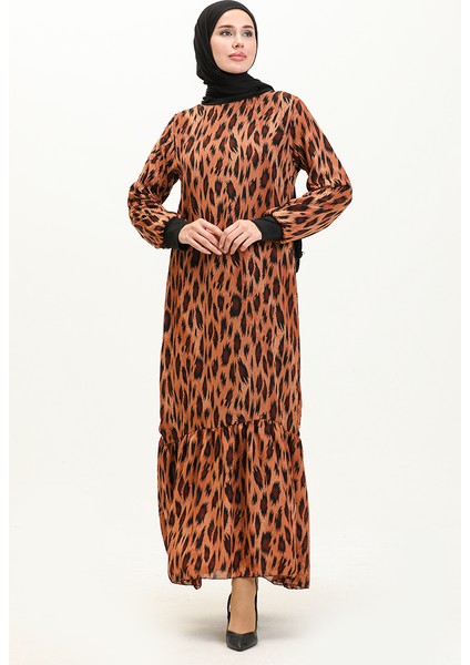 Ribanalı Leopar Desenli Vual Elbise 0101-01 Kiremit Siyah