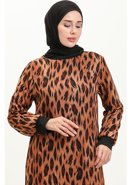 Ribanalı Leopar Desenli Vual Elbise 0101-01 Kiremit Siyah