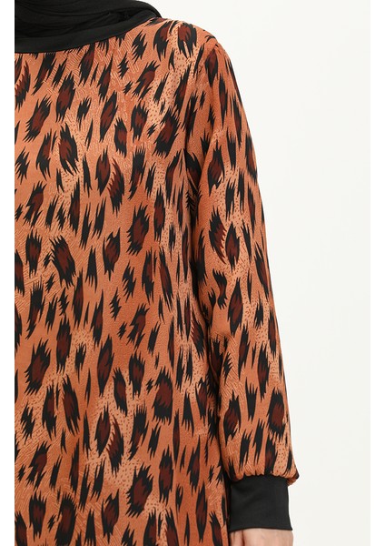 Ribanalı Leopar Desenli Vual Elbise 0101-01 Kiremit Siyah