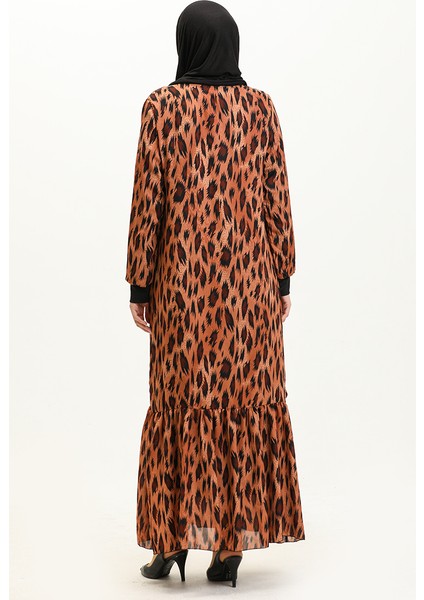 Ribanalı Leopar Desenli Vual Elbise 0101-01 Kiremit Siyah