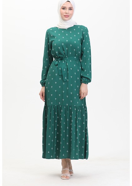 Çapa Desen Kuşaklı Elbise 0461-04 Zümrüt Yeşili modelleri