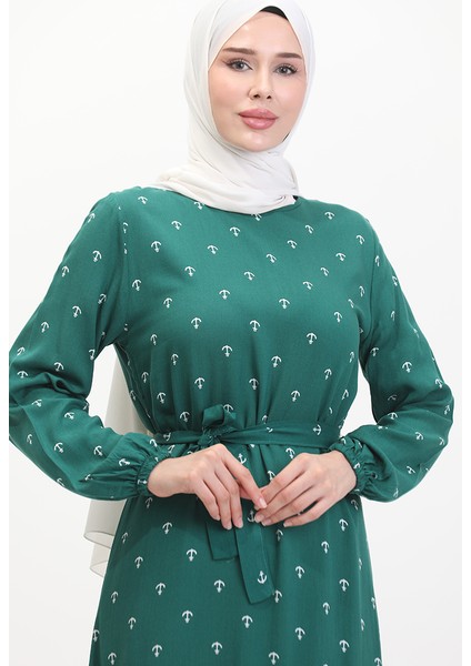 Çapa Desen Kuşaklı Elbise 0461-04 Zümrüt Yeşili fırsatları