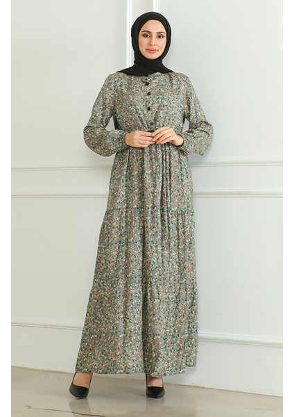 Yarım Düğmeli Desenli Viskon Elbise 0500-06 Gri Yeşil
