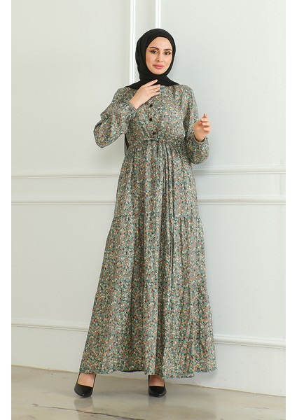 Yarım Düğmeli Desenli Viskon Elbise 0500-06 Gri Yeşil fiyatları