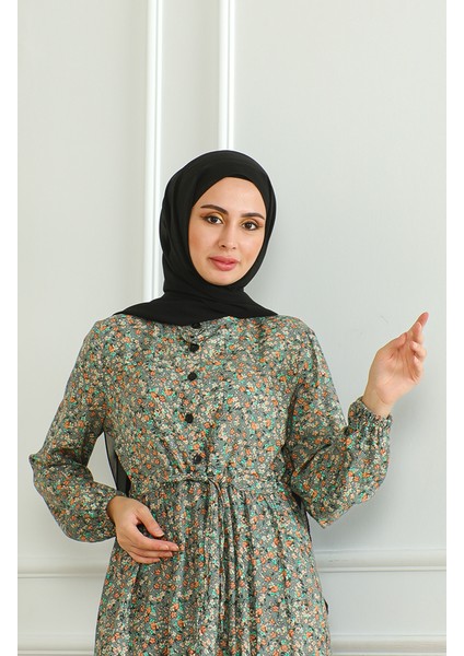 Yarım Düğmeli Desenli Viskon Elbise 0500-06 Gri Yeşil modelleri