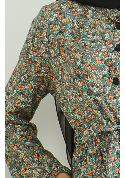 Yarım Düğmeli Desenli Viskon Elbise 0500-06 Gri Yeşil fırsatları