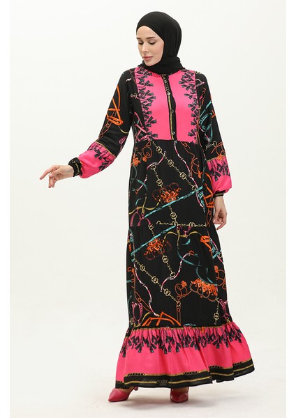 Desenli Viskon Elbise 0188-03 Siyah