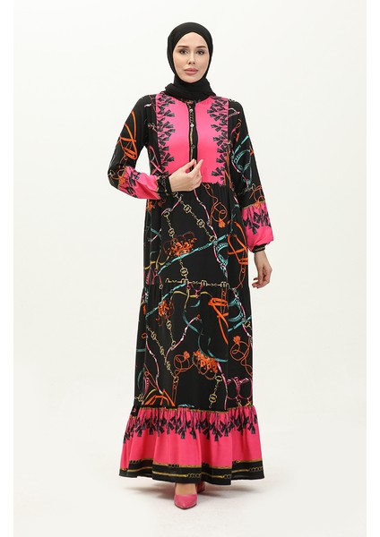 Desenli Viskon Elbise 0188-03 Siyah fiyatları