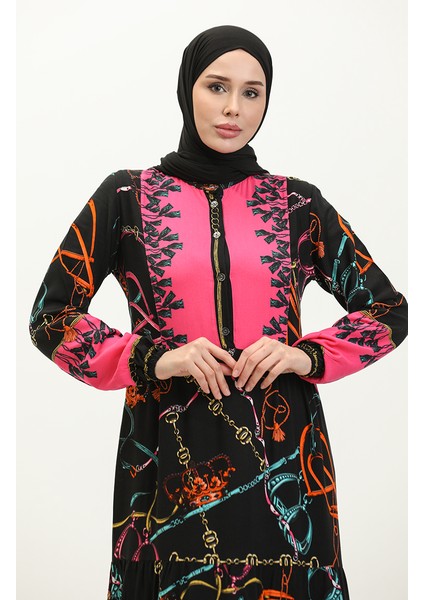 Desenli Viskon Elbise 0188-03 Siyah modelleri