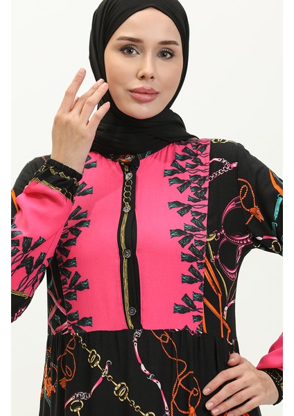 Desenli Viskon Elbise 0188-03 Siyah fırsatları