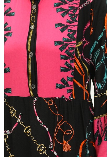 Desenli Viskon Elbise 0188-03 Siyah indirimleri