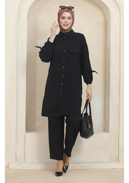 Cepli Düğmeli Tunik Pantolon Ikili Takım 1007-01 Siyah