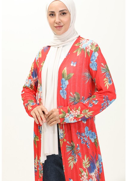 Kaşkorse Desenli Uzun Hırka 8636-01 Mercan Kırmızısı modelleri