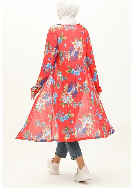 Kaşkorse Desenli Uzun Hırka 8636-01 Mercan Kırmızısı indirimleri