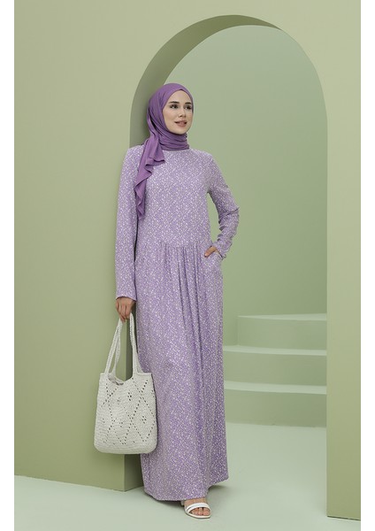 Beli Büzgülü Cepli Elbise 3304-06 Lila