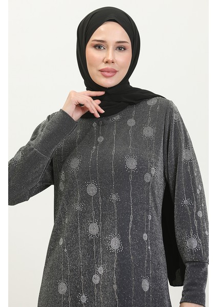 Taşlı Simli Elbise 0408-05 Gri