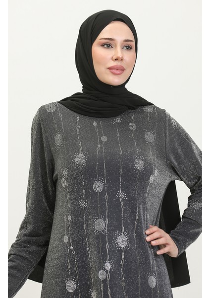 Taşlı Simli Elbise 0408-05 Gri