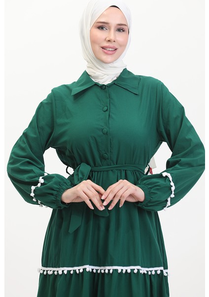Pon Pon Kuşaklı Elbise 0482-04 Zümrüt Yeşili