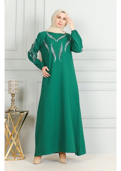 Kolu Lastikli Taşlı Abiye Elbise 0497-01 Zümrüt Yeşili