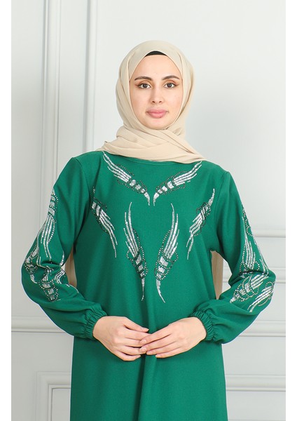Kolu Lastikli Taşlı Abiye Elbise 0497-01 Zümrüt Yeşili modelleri