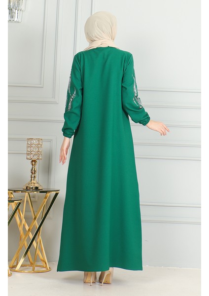 Kolu Lastikli Taşlı Abiye Elbise 0497-01 Zümrüt Yeşili indirimleri