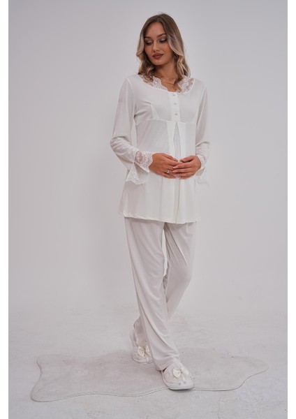 Mecit 5808 Ekru Hamile Lohusa Pijama Takımı