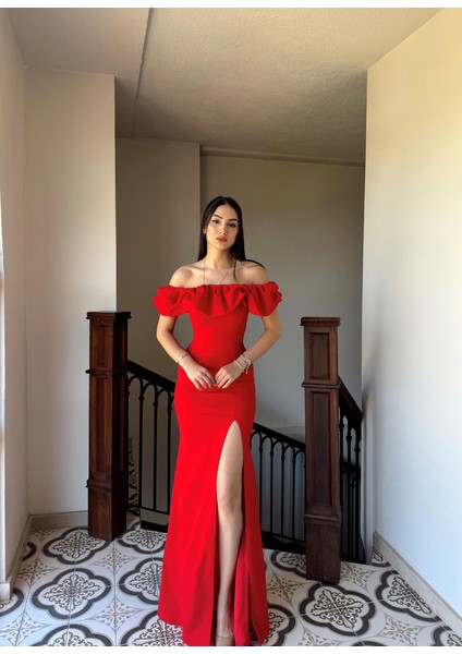 Katre Yaka Fırfırlı Yırtmaçlı Abiye 582834