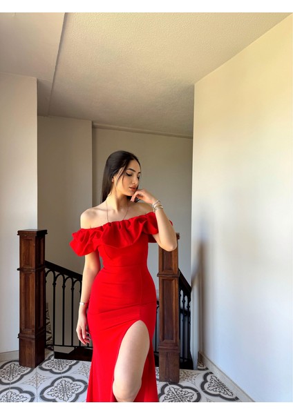 Katre Yaka Fırfırlı Yırtmaçlı Abiye 582834 fiyatları