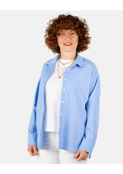 Mavi Beyaz Çizgili Oversize Poplin Kadın Gömlek