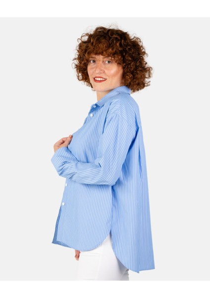 Mavi Beyaz Çizgili Oversize Poplin Kadın Gömlek indirimleri