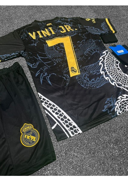 Real Madrid 2023-24 Yeni Sezon Vini Jr Dragon Desenli Çocuk Forması 3'lü Set (Black)