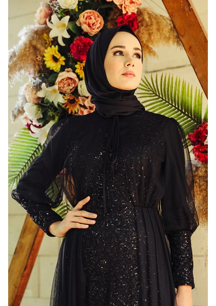 Payetli Abiye Elbise 5346-02 Siyah
