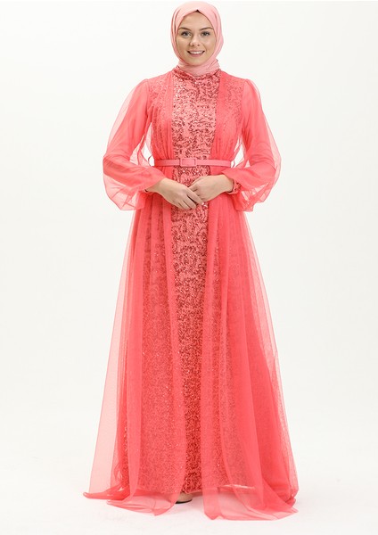 Payet Kemerli Abiye Elbise 5383-15 Mercan