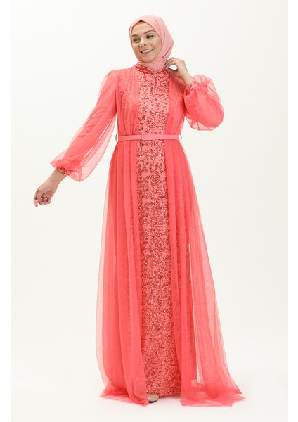 Payet Kemerli Abiye Elbise 5383-15 Mercan